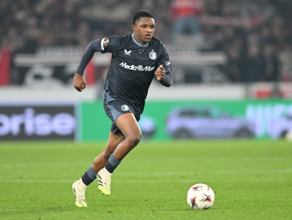 Feyenoord's Dutch defender #26 Givairo Read controls the ball during the UEFA Europa League football match between VfB Stuttgart and Feyenoord in Stuttgart, southwestern Germany on November 6, 2025. Stuttgart won the match 2-0. 