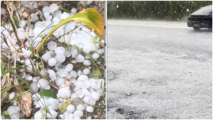 山西大同中秋节突降冰雹 地面积厚厚冰粒如雪堆(视频)