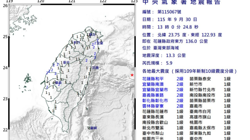 台湾东部海域突发5.9地震 极浅层多地有感