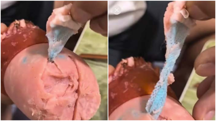 恐怖！大陆火腿肠中拉出口罩碎片（视频）