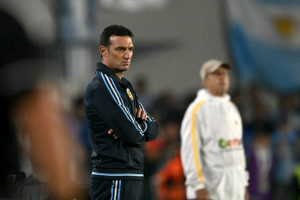 Argentina's head coach Lionel Scaloni watches his players from the touchline during the international friendly football match between Argentina and Benin at the Mas Monumental stadium in Buenos Aires on October 6, 2026.