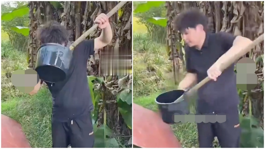 崩溃！小伙子上山采蘑菇 误用粪瓢舀泉水喝（视频）