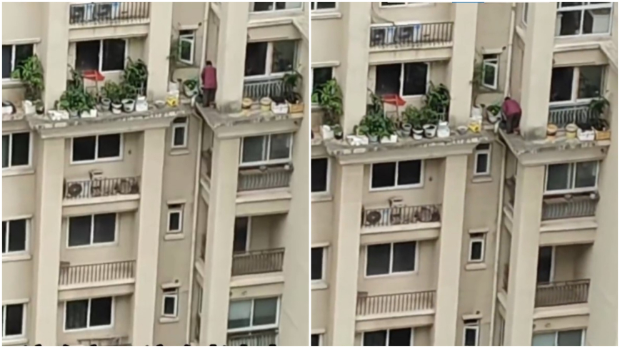 中国老妇站7楼外墙上种花 无防护画面吓坏网友（视频）